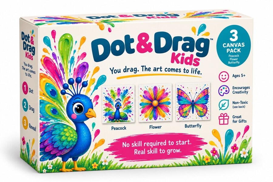 The Dot & Drag Kids box, showing a hand dragging paint across a canvas with the included spreader tool